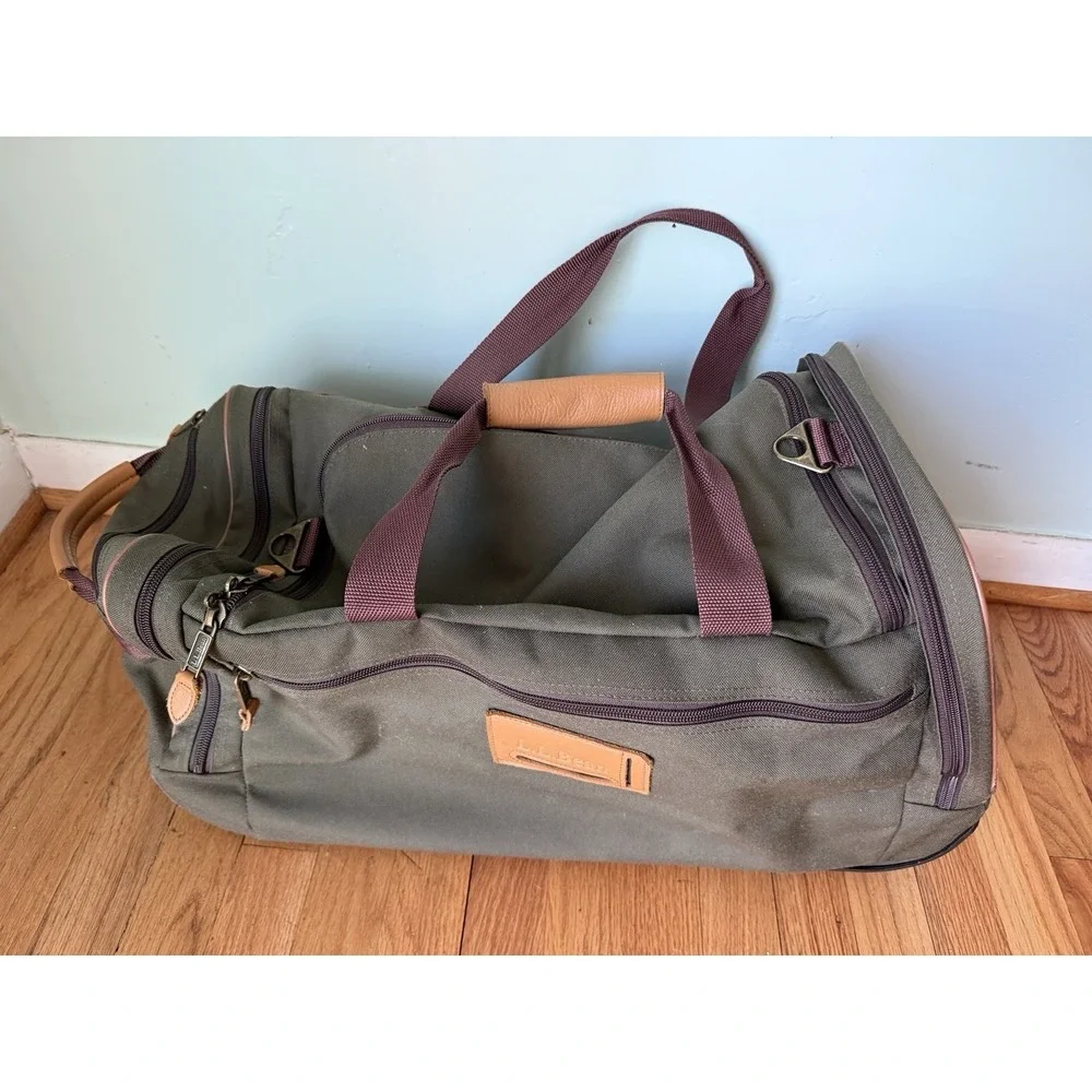 VTG LL Bean Rolling Duffel Bag Canvas Green Leather Trim‎ Embroidered Carryon